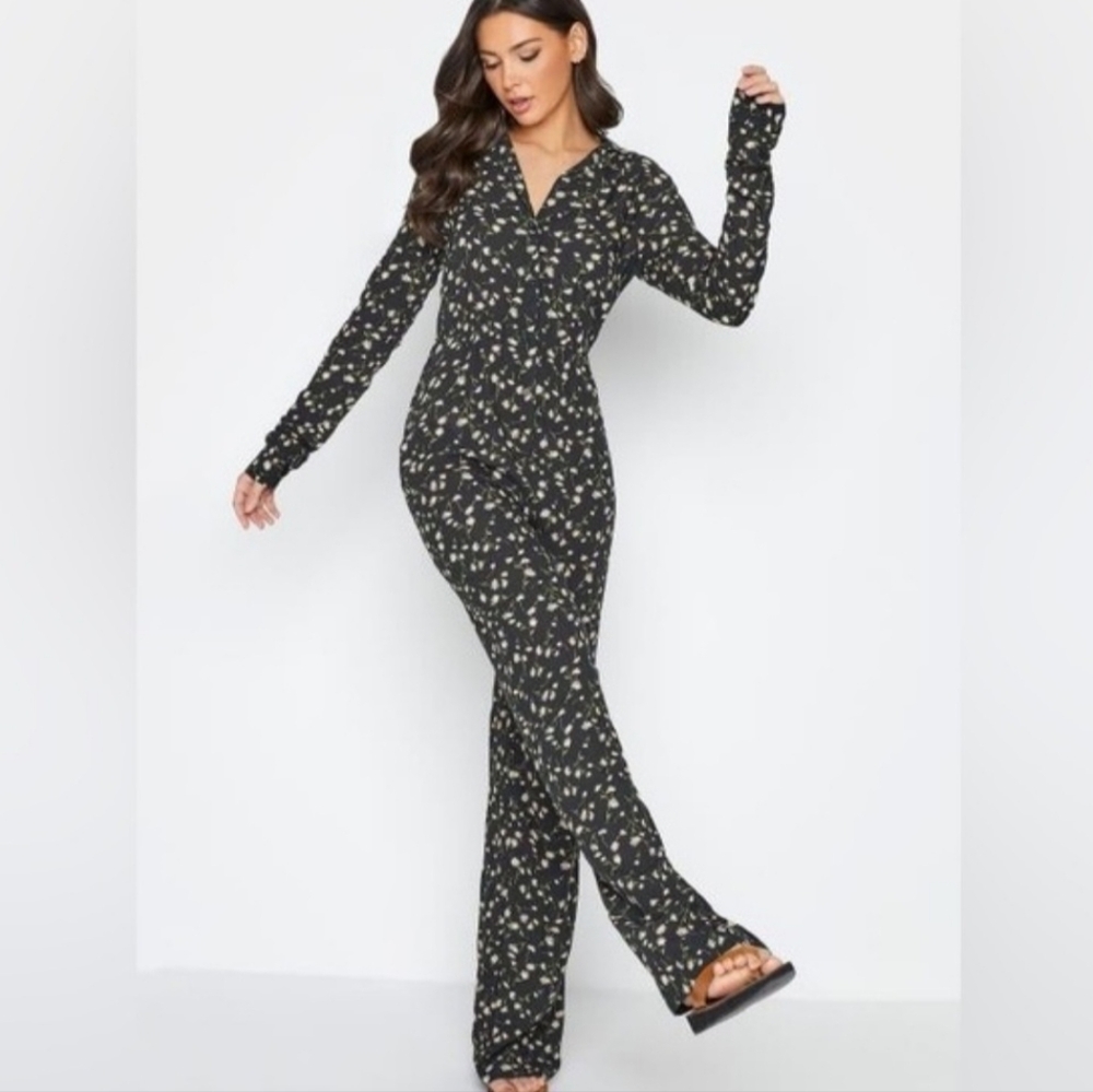 Long Tall Sally Black long Sleeve Jumpsuit Ditsy Floral Print US SIZE 10 EUC